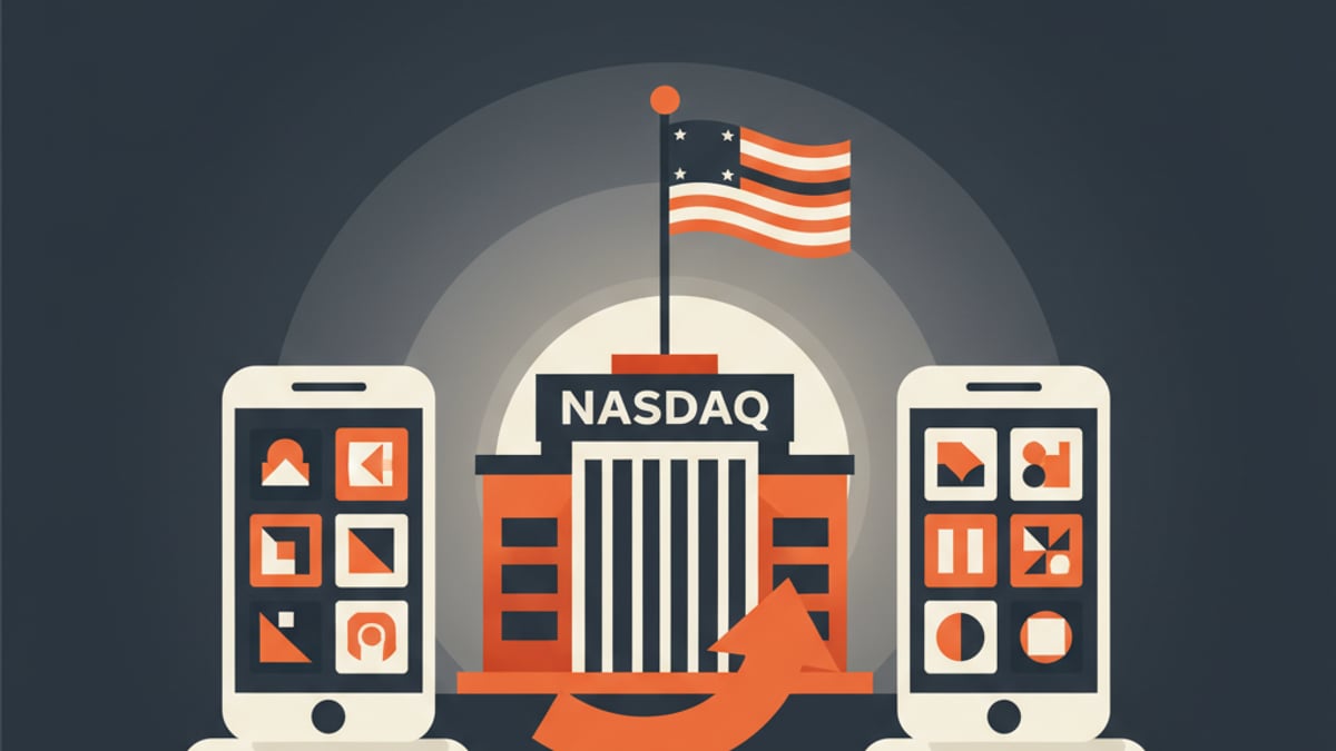 NASDAQ building with US flag and app logos