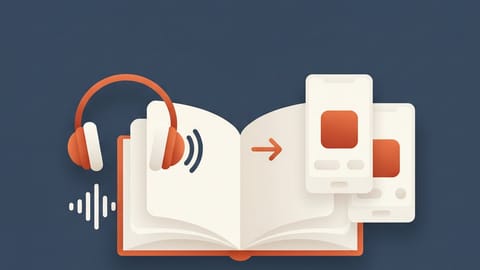 Podcast headphones, open book, phone screen side by side