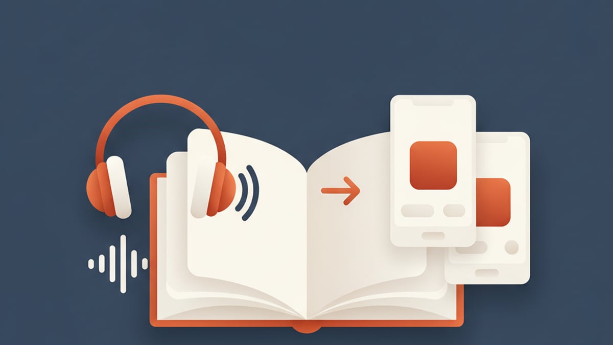 Podcast headphones, open book, phone screen side by side