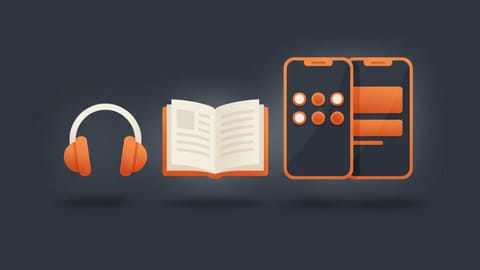 Podcast kulaklığı, açık kitap, telefon ekranı yan yana