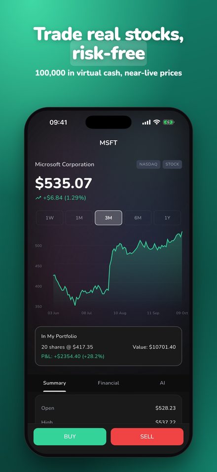 Stock and practice trade screen