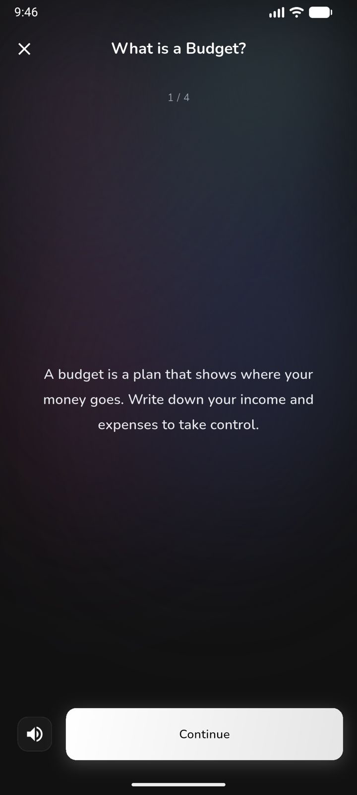 UseFinLit lesson screen: What is a Budget?